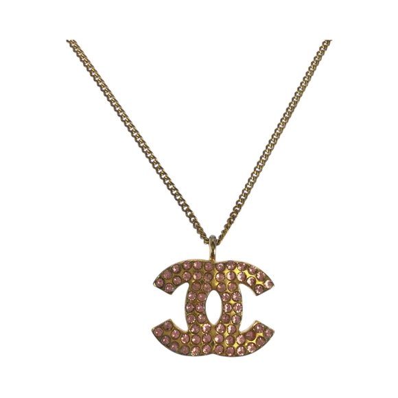 CHANEL Vintage Coco Mark Rhinestone Gold Pink Plated Necklace 02P Engraved Wo... - Picture 1 of 11